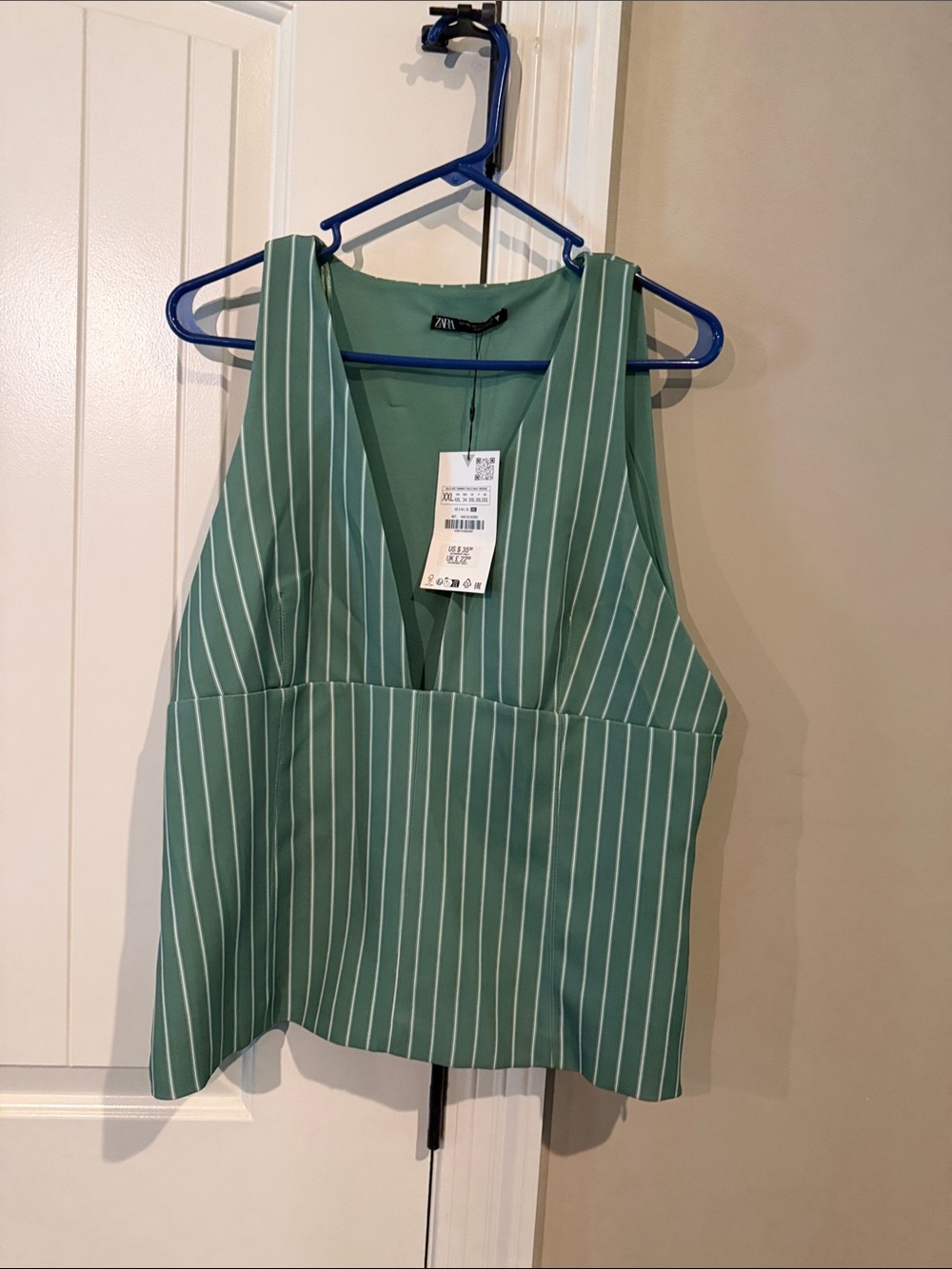 Zara Green and White Striped V-Neck Sleeveless Top